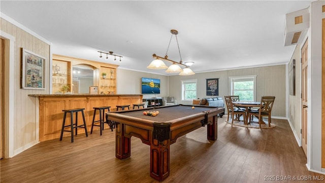 1624 Kays Point Rd, Four Seasons, MO 65049 - game room featuring wood finished floors, billiards table, baseboards, and crown molding