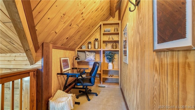 1624 Kays Point Rd, Four Seasons, MO 65049 - office area featuring vaulted ceiling, wooden walls, wood ceiling, and carpet floors