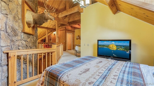 1624 Kays Point Rd, Four Seasons, MO 65049 - bedroom with carpet, high vaulted ceiling, and beam ceiling