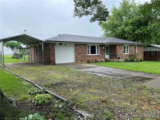 111 W Haynes St, Eldon, MO 65026 - ranch-style house featuring a garage, a front lawn, brick siding, driveway, and a carport