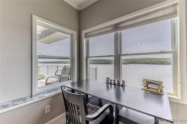 757 Malibu Rd Unit A102, Osage Beach, MO 65065 - dining area with healthy amount of natural light, crown molding, a water view, a textured wall, and a desk