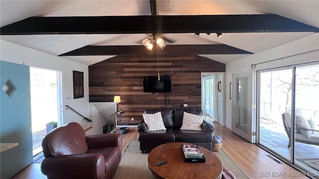 1206 Triple Cove Ln, Climax Springs, MO 65324 - living room featuring wooden walls, plenty of natural light, light wood finished floors, and a ceiling fan