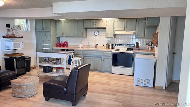 1206 Triple Cove Ln, Climax Springs, MO 65324 - kitchen with white appliances, light countertops, light wood finished floors, custom range hood, and tasteful backsplash