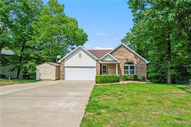 1380 Bluff Dr, Osage Beach, MO 65065 - traditional-style house with concrete driveway, an attached garage, brick siding, and a front lawn