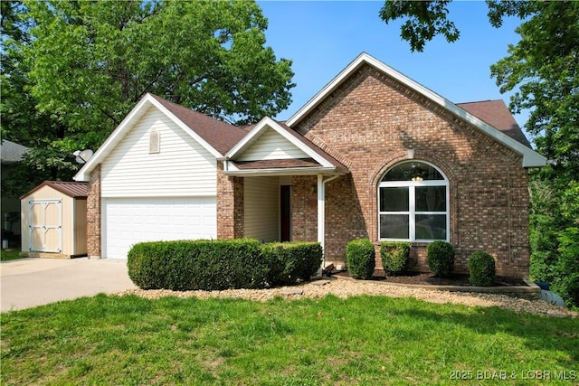 1380 Bluff Dr, Osage Beach, MO 65065 - traditional-style house with brick siding, a garage, concrete driveway, and a front lawn