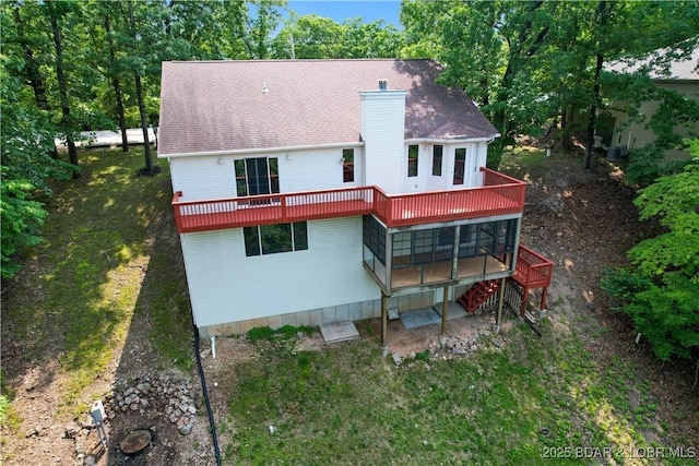 1380 Bluff Dr, Osage Beach, MO 65065 - rear view of property featuring a chimney and a wooden deck