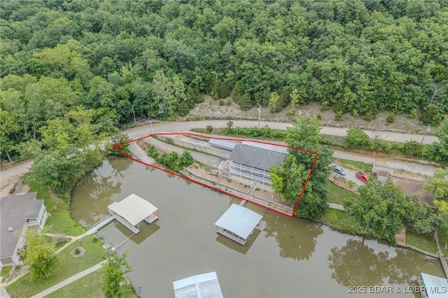 29 Vine St, Edwards, MO 65326 - aerial view of property's location with property parcel outlined and a nearby body of water