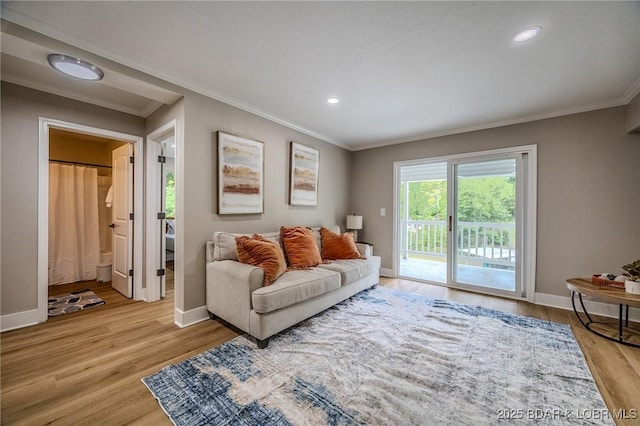 29 Vine St, Edwards, MO 65326 - living area with ornamental molding, light wood finished floors, and recessed lighting