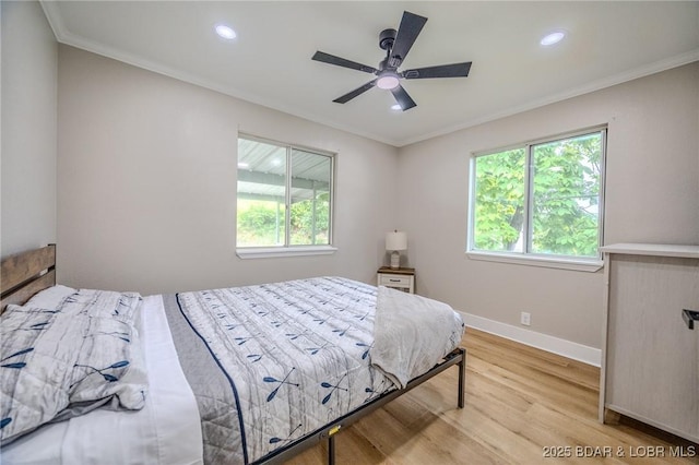 29 Vine St, Edwards, MO 65326 - bedroom with light wood finished floors, crown molding, recessed lighting, and ceiling fan