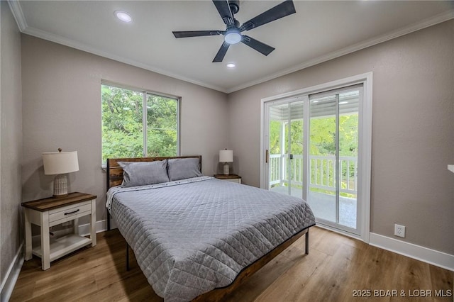 29 Vine St, Edwards, MO 65326 - bedroom featuring access to outside, crown molding, wood finished floors, recessed lighting, and a ceiling fan