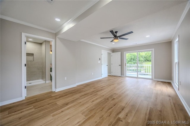 29 Vine St, Edwards, MO 65326 - spare room with ceiling fan, light wood-style floors, ornamental molding, and recessed lighting