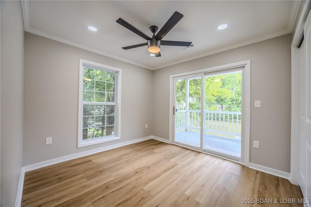 29 Vine St, Edwards, MO 65326 - unfurnished room featuring light wood-type flooring, healthy amount of natural light, crown molding, a ceiling fan, and recessed lighting