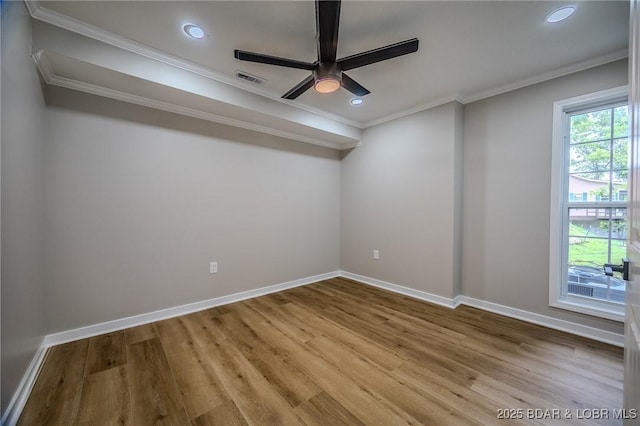 29 Vine St, Edwards, MO 65326 - empty room featuring wood finished floors, ceiling fan, crown molding, and recessed lighting