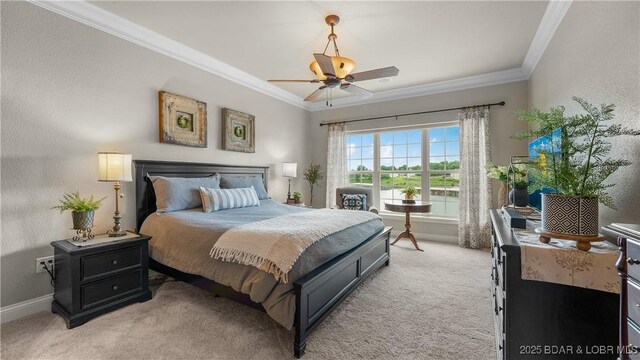 15 Pointe Ct, Lake Ozark, MO 65049 - bedroom with ornamental molding, light colored carpet, baseboards, and ceiling fan