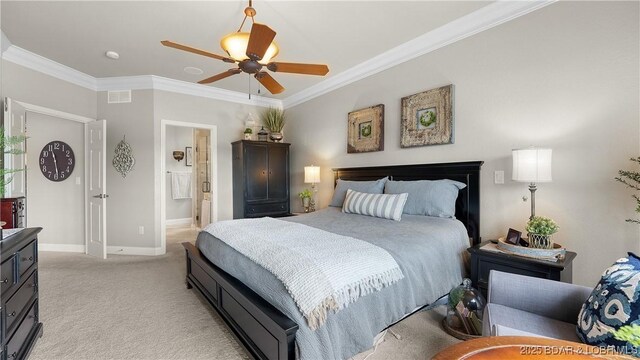 15 Pointe Ct, Lake Ozark, MO 65049 - bedroom with ornamental molding, light carpet, baseboards, connected bathroom, and ceiling fan