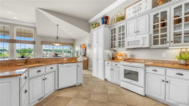 15 Pointe Ct, Lake Ozark, MO 65049 - kitchen featuring white appliances, a sink, ornamental molding, white cabinets, and glass insert cabinets