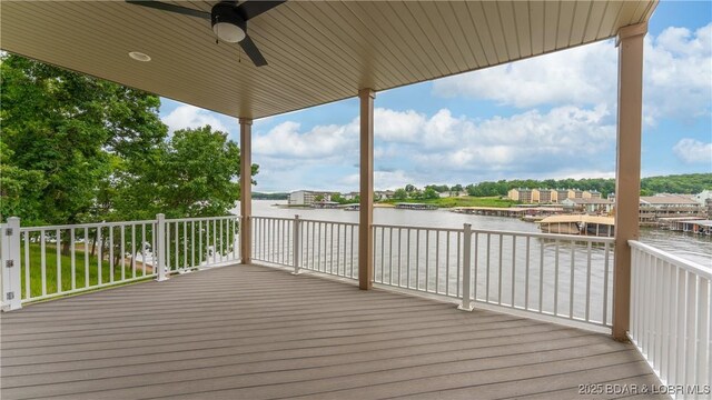 15 Pointe Ct, Lake Ozark, MO 65049 - deck with a water view and ceiling fan