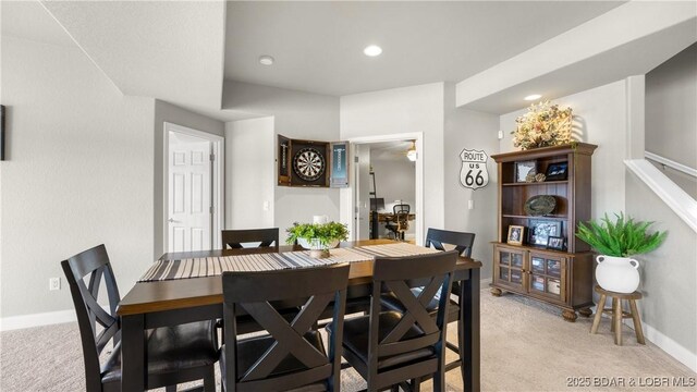 15 Pointe Ct, Lake Ozark, MO 65049 - dining room featuring light carpet, baseboards, recessed lighting, and ceiling fan