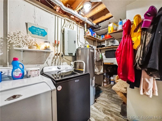 590 Jupiter Rd, Camdenton, MO 65020 - laundry room with electric panel, water heater, wood finished floors, and separate washer and dryer