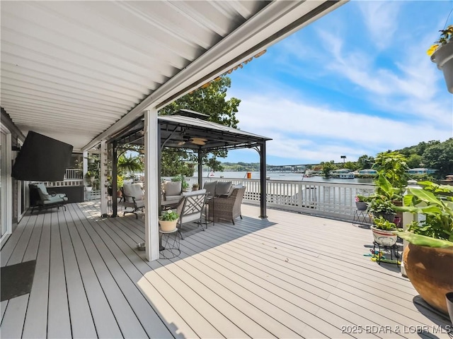 590 Jupiter Rd, Camdenton, MO 65020 - wooden deck with a water view, outdoor lounge area, and a gazebo