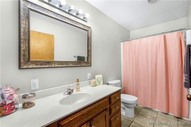 180 Skylark Ln, Linn Creek, MO 65052 - full bathroom with toilet, vanity, a textured ceiling, tile patterned flooring, and curtained shower
