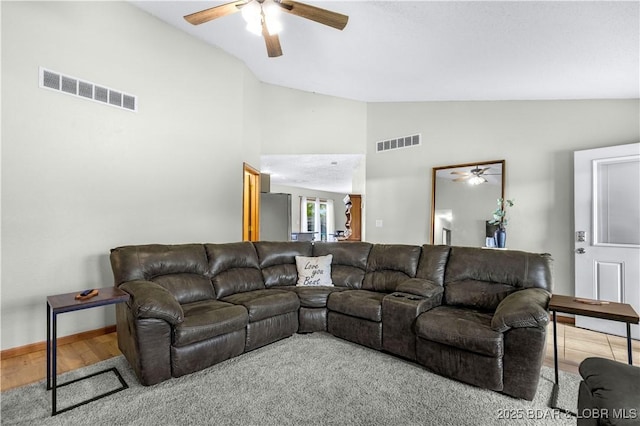 180 Skylark Ln, Linn Creek, MO 65052 - living room with a ceiling fan and high vaulted ceiling