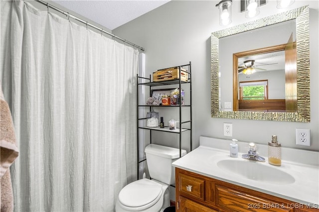 180 Skylark Ln, Linn Creek, MO 65052 - bathroom featuring vanity, ceiling fan, a textured ceiling, and a shower with shower curtain