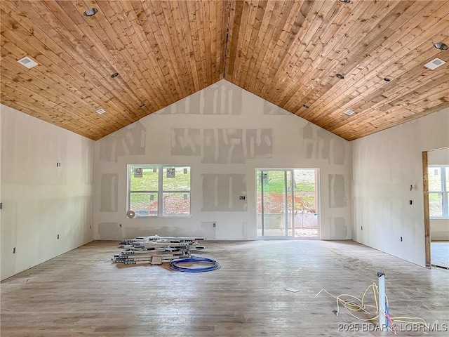 72 Quiet Meadows Dr, Linn Creek, MO 65052 - unfurnished living room featuring high vaulted ceiling, hardwood / wood-style flooring, wood ceiling, and healthy amount of natural light