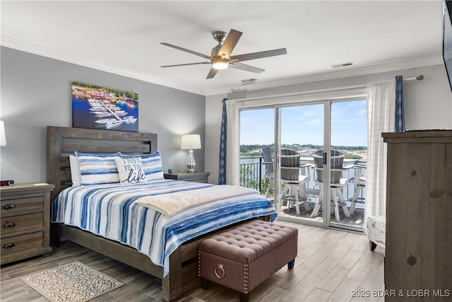 4897 Bridgepointe Dr Unit 141, Osage Beach, MO 65065 - bedroom with access to outside, light wood-type flooring, ornamental molding, and a ceiling fan