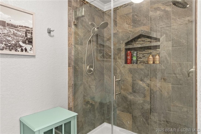 4897 Bridgepointe Dr Unit 141, Osage Beach, MO 65065 - full bath featuring a stall shower, a textured wall, and ornamental molding