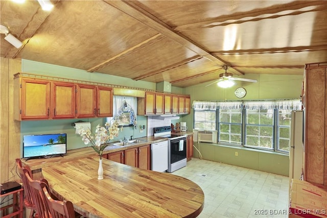 32410 N Ivy Bend Rd, Stover, MO 65078 - kitchen with white appliances, brown cabinetry, ceiling fan, wood ceiling, and light countertops