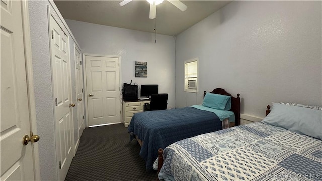 18997 Mystical Ln, Versailles, MO 65084 - bedroom featuring dark colored carpet, ceiling fan, a desk, and cooling unit