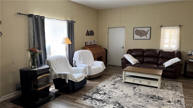 18997 Mystical Ln, Versailles, MO 65084 - living room with a wood stove and wood finished floors