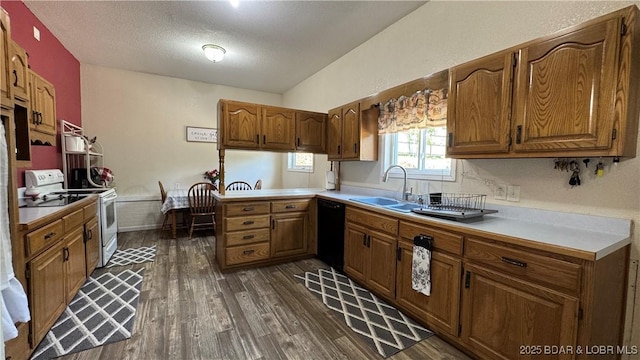 18997 Mystical Ln, Versailles, MO 65084 - kitchen with white range, dishwasher, dark wood-style flooring, brown cabinetry, and light countertops