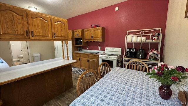 18997 Mystical Ln, Versailles, MO 65084 - kitchen with white electric stove, dark wood-style flooring, brown cabinetry, light countertops, and a textured ceiling