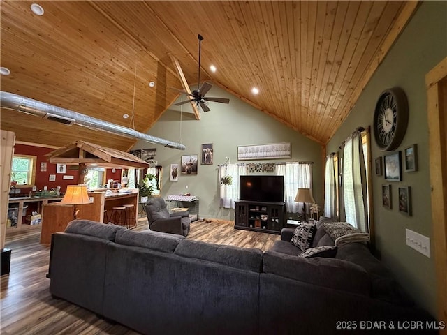 58 Aztec Ln, Eldon, MO 65026 - living area featuring wooden ceiling, wood finished floors, high vaulted ceiling, ceiling fan, and recessed lighting
