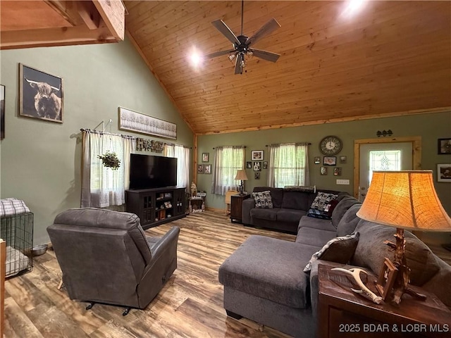58 Aztec Ln, Eldon, MO 65026 - living room featuring a ceiling fan, wood finished floors, wood ceiling, and high vaulted ceiling
