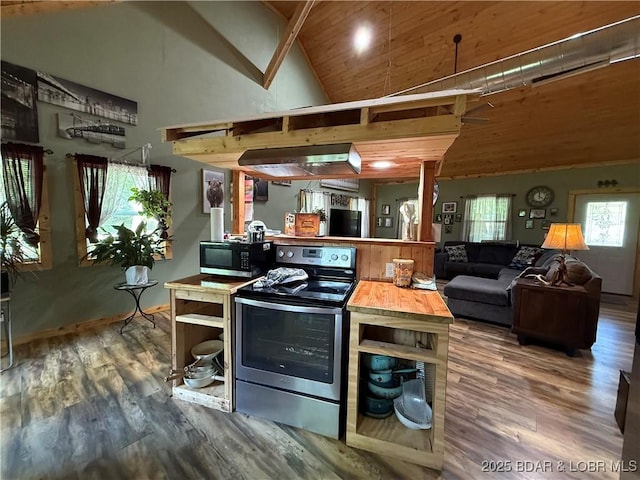 58 Aztec Ln, Eldon, MO 65026 - kitchen featuring stainless steel appliances, wood finished floors, high vaulted ceiling, and wood ceiling