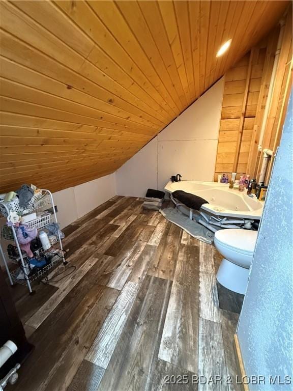 58 Aztec Ln, Eldon, MO 65026 - full bath with vaulted ceiling, wood ceiling, hardwood / wood-style flooring, and a tub with jets