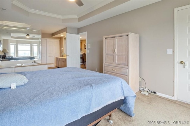 33 Monterey Dr Unit 2A, Lake Ozark, MO 65049 - carpeted bedroom with crown molding, a raised ceiling, and a ceiling fan