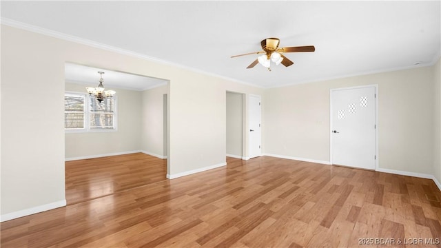 462 Lakeview Dr, Camdenton, MO 65020 - unfurnished room featuring a chandelier, ceiling fan, light wood finished floors, and ornamental molding