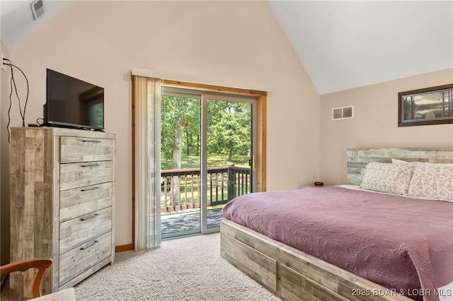 28 Hamilton Way, Sunrise Beach, MO 65079 - bedroom featuring access to exterior, carpet, and high vaulted ceiling