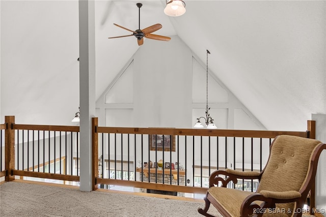 28 Hamilton Way, Sunrise Beach, MO 65079 - living area with ceiling fan, vaulted ceiling, and a chandelier