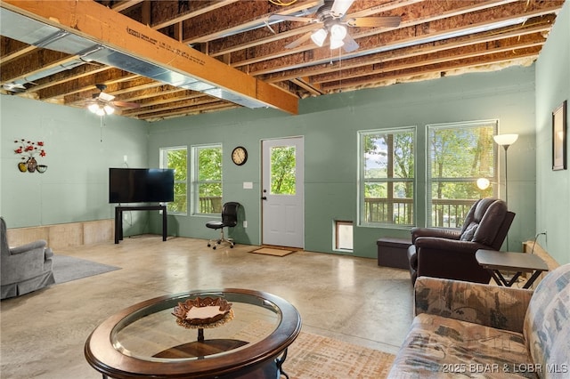 28 Hamilton Way, Sunrise Beach, MO 65079 - living area featuring ceiling fan and concrete floors