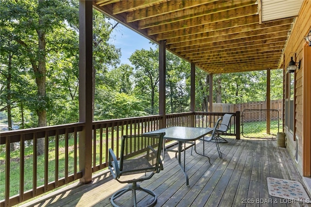 28 Hamilton Way, Sunrise Beach, MO 65079 - wooden terrace featuring outdoor dining area