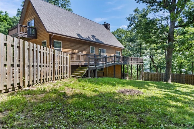 28 Hamilton Way, Sunrise Beach, MO 65079 - rear view of property with a chimney, a shingled roof, a fenced backyard, a deck, and stairs