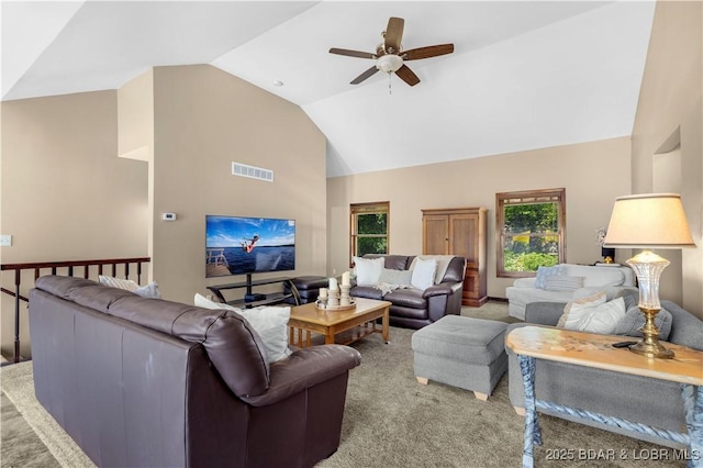 164 Get A Way Ln, Camdenton, MO 65020 - living room with carpet, a ceiling fan, healthy amount of natural light, and high vaulted ceiling