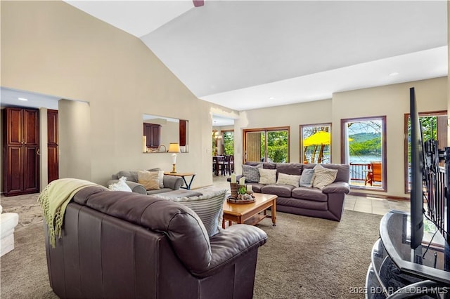 164 Get A Way Ln, Camdenton, MO 65020 - living area featuring light colored carpet, high vaulted ceiling, and recessed lighting