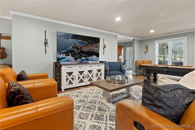7 Lost Spike Ct, Camdenton, MO 65020 - living area featuring ornamental molding, wood finished floors, recessed lighting, and billiards