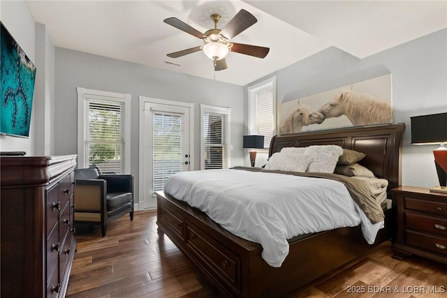7 Lost Spike Ct, Camdenton, MO 65020 - bedroom with dark wood-style flooring, access to exterior, and a ceiling fan